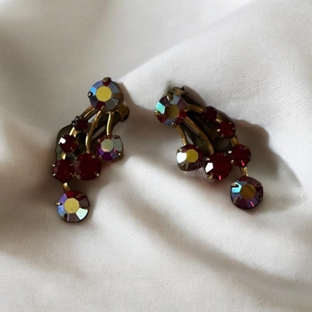 Vintage Gold and Red AB Crystal Earrings made in Austria